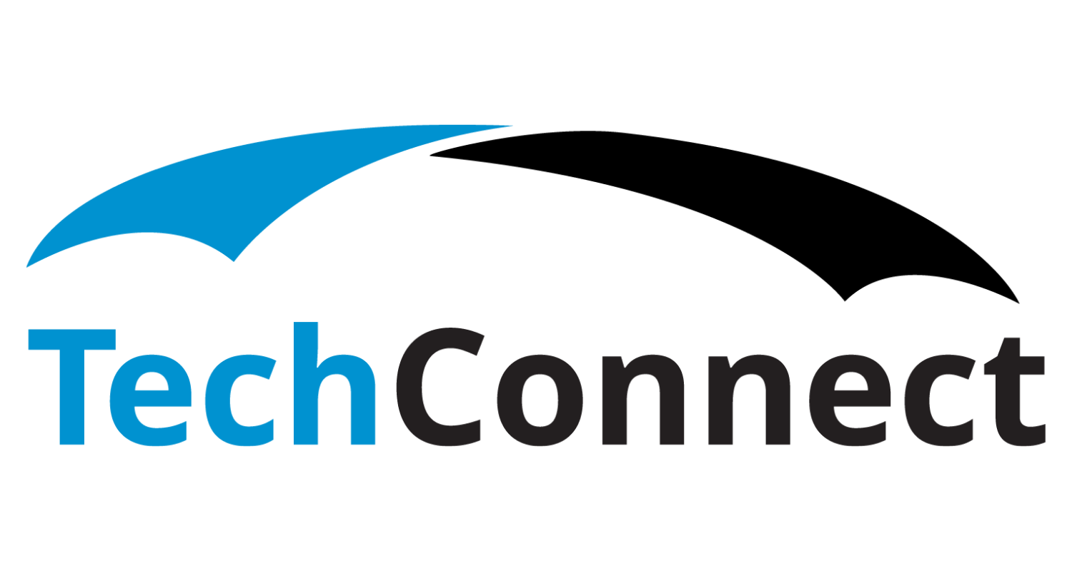 TechConnect logo with a blue curved swoosh above the word 'TechConnect' in blue and charcoal letters.