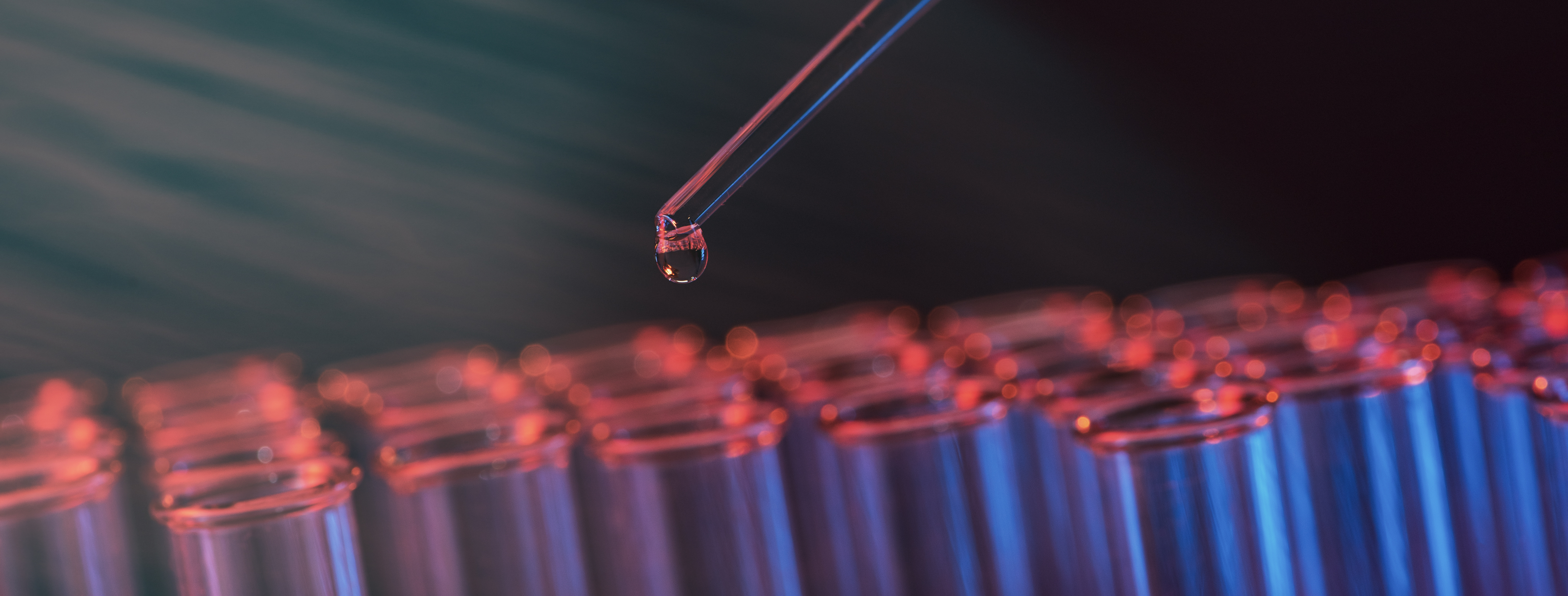 Test tube row. Concept of medical or science laboratory, liquid drop droplet with dropper in blue red tone background, close up, macro photography picture.