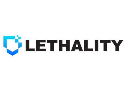 Lethality logo: blue geometric shield icon to the left of the bold black word LETHALITY.