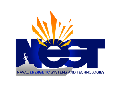 NES logo: blue letters with an orange sunburst above, a white ship silhouette on the left, and a ribbon reading 'Naval Energetic Systems and Technologies'.