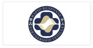 Circular logo badge with a blue ring, gold stars, and a central abstract gold-and-white symbol.